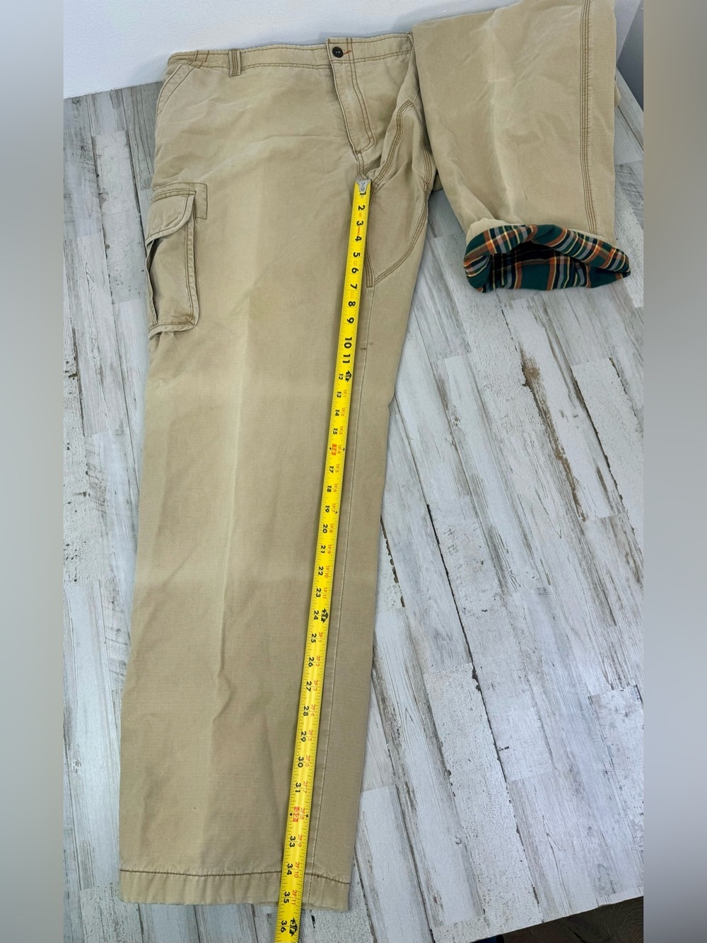 L.L. Bean Mens 44x35 Reinforced Knee Utility Pants Tan Cargo Fleece Lined - Picture 7 of 10